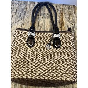 Vintage Brighton Tri Color Rita Woven Jute Tote Leather Brown Handles Medium